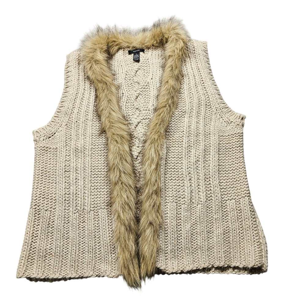 Alfani Faux Fur Collar Cable Knit Sweater Vest Womens Size Large Beige Cardigan